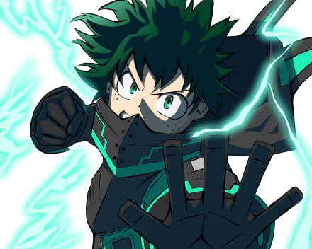 Izuku Midoriya from My Hero Academia in dynamic action pose with glowing green energy, captured in a vibrant 4K Ultra HD anime PC desktop wallpaper.