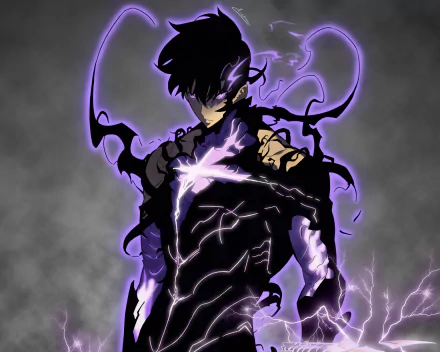 HD desktop wallpaper featuring Sung Jin-Woo from the manhwa Solo Leveling, depicted with glowing purple energy and a dark, intense anime style.