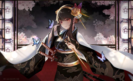 HD PC desktop wallpaper featuring Yor Forger from the anime Spy x Family, dressed in an elegant black kimono with butterflies and a traditional hairpiece.