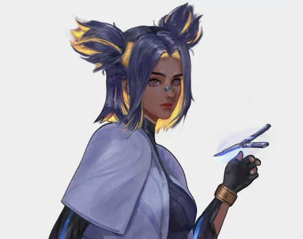 HD PC desktop wallpaper of Neon from the video game Valorant — stylized portrait with electric-blue and yellow hair accents, intense gaze, holding a small glowing energy device.