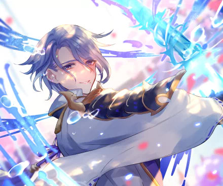 HD PC desktop wallpaper featuring Kamisato Ayato from the video game Genshin Impact, showcasing dynamic blue energy and a confident expression.