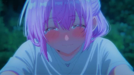 HD PC desktop wallpaper of Micchon Shikimori from the anime Shikimori's Not Just a Cutie, featuring a close-up of her with glowing purple hair and a gentle smile.