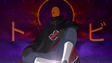 HD PC desktop wallpaper featuring Obito Uchiha from Naruto, set against a vibrant cosmic background with glowing red tones and stylized Japanese characters.