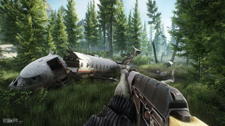 HD desktop wallpaper of Escape From Tarkov game featuring an immersive first-person view with a gun overlooking a crashed helicopter in a lush forest setting.