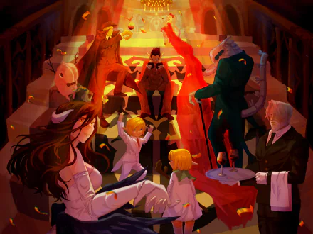 4K Ultra HD anime wallpaper featuring Albedo and other characters from Overlord in a dramatic, dimly lit setting with rich, warm tones.