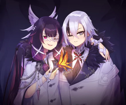 HD PC desktop wallpaper featuring Arlecchino and Columbina from the video game Genshin Impact, showcasing detailed character art in a dark, atmospheric setting.