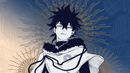 HD PC desktop wallpaper of Yuno (Black Clover) — anime Black Clover: Yuno in a dark cloak with fur collar, pale face and stylized blue-and-gold radial line background.