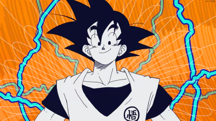 HD desktop wallpaper featuring Goku from Dragon Ball in an energetic pose with a vibrant orange background and electric blue lines surrounding him.