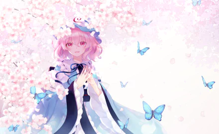 Yuyuko Saigyouji (Touhou) anime HD desktop wallpaper: pink-haired ghostly girl in flowing kimono amid cherry blossoms and blue butterflies on a pale background.