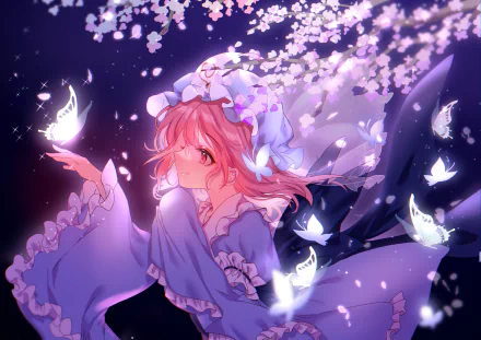 Yuyuko Saigyouji from Touhou, anime-style 2K Quad HD desktop wallpaper: pale pink-haired ghostly girl in a flowing frilled kimono, surrounded by glowing butterflies and falling cherry blossoms.