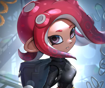 Octoling (Splatoon) with pink tentacles in black gear, glancing back against a soft-lit 2K Quad HD PC desktop wallpaper background — video game Splatoon.
