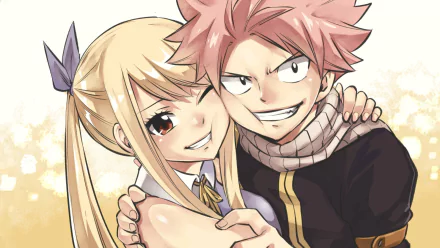 HD anime desktop wallpaper featuring Lucy Heartfilia and Natsu Dragneel from Fairy Tail, smiling and embracing against a soft, glowing background.