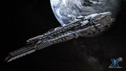 HD desktop wallpaper featuring a spaceship from X4: Foundations video game with a detailed planet in the background.