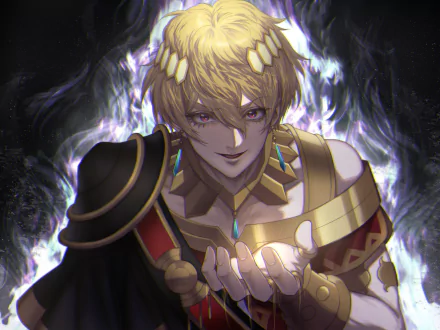 HD PC desktop wallpaper & background: Jircniv Rune Farlord El Nix (Overlord, anime) — blond, regal sorcerer smirks while cradling a glowing orb against a smoky dark backdrop.