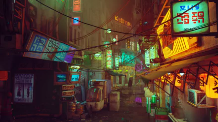 HD PC desktop wallpaper featuring a neon-lit urban street scene from the video game Stray, showcasing a cyberpunk atmosphere with vibrant signs and alleyways.