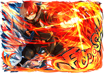 HD PC desktop wallpaper featuring Shoto Todoroki from the anime My Hero Academia, showcasing his fiery and icy powers in dynamic action.