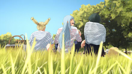 Anime, Jujutsu Kaisen, HD PC desktop wallpaper — three characters sit with their backs to the viewer in tall grass beneath a bright blue sky and leafy trees, sharing a calm outdoor moment.