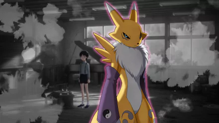 HD PC desktop wallpaper of Renamon from the video game Digimon Survive, lit by a purple outline in the foreground with a blurred classroom and a lone boy in the background.