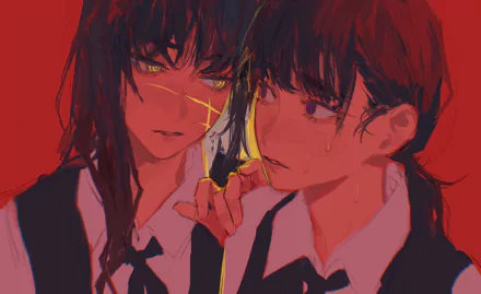 HD PC wallpaper: Asa Mitaka and the War Devil from Chainsaw Man against a blood-red background; one with yellow eyes and a facial scar, the other tearful, a small blade held between them.