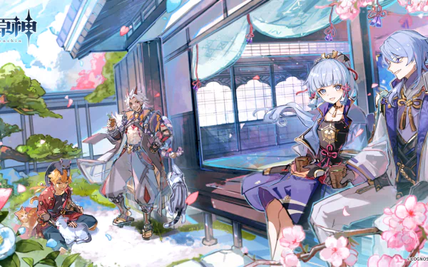 HD PC desktop wallpaper featuring Kamisato Ayato, Kamisato Ayaka, Arataki Itto, and Thoma from the video game Genshin Impact in a serene cherry blossom setting.