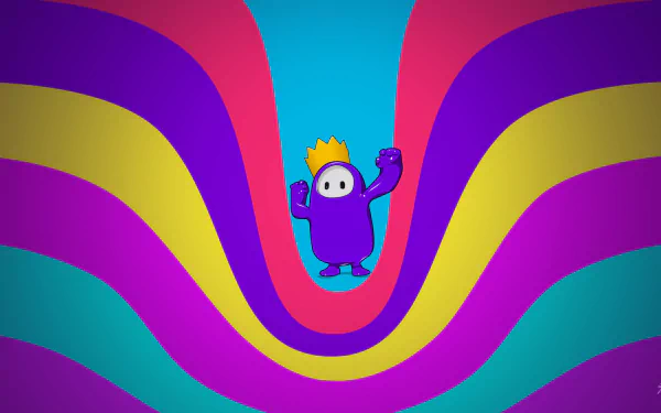 HD PC desktop wallpaper featuring a crowned Fall Guys character with vibrant, wavy stripes in purple, red, yellow, and teal as the background.
