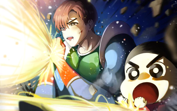 Anime-style 4K Ultra HD desktop wallpaper featuring a dynamic battle scene with a determined character and Crayon Shin-chan in vibrant colors and dramatic lighting.
