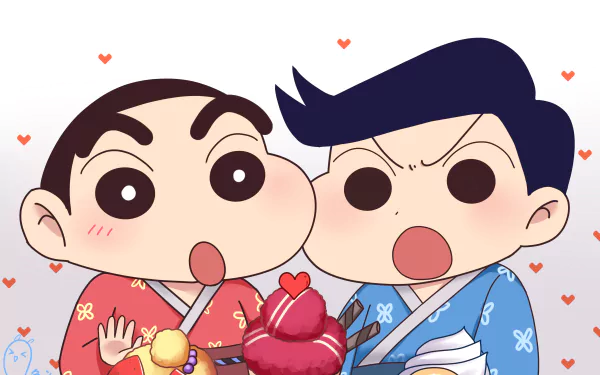 HD PC desktop wallpaper featuring Shinchan Nohara from the anime Crayon Shin-chan, dressed in traditional attire with hearts floating above them.