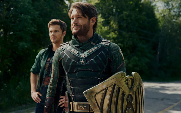 Soldier Boy, played by Jensen Ackles in The Boys (2019), stands confidently in full armor with a shield in this 4K Ultra HD desktop wallpaper from the TV show.