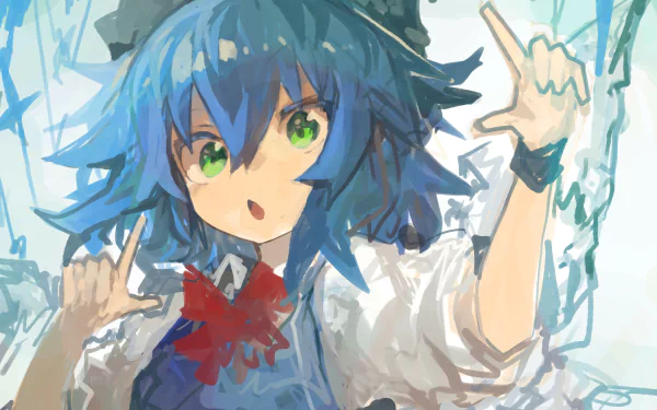 Cirno (Touhou) anime illustration: blue‑haired, green‑eyed fairy with red bow and icy motifs in loose painterly strokes — 4K Ultra HD PC desktop wallpaper/background.