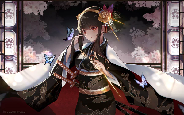 HD PC desktop wallpaper featuring Yor Forger from the anime Spy x Family, dressed in an elegant black kimono with butterflies and a traditional hairpiece.