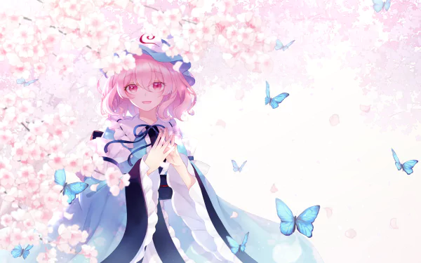 Yuyuko Saigyouji (Touhou) anime HD desktop wallpaper: pink-haired ghostly girl in flowing kimono amid cherry blossoms and blue butterflies on a pale background.