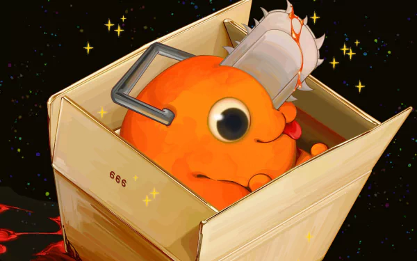 HD PC desktop wallpaper featuring Pochita from the anime Chainsaw Man, depicted as a cute orange creature with a chainsaw blade in a cardboard box against a starry background.