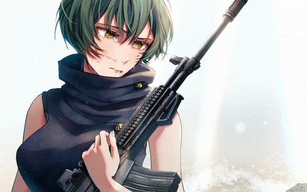 HD PC desktop wallpaper featuring Maki Zenin from the anime Jujutsu Kaisen, holding a rifle with a determined expression against a light background.