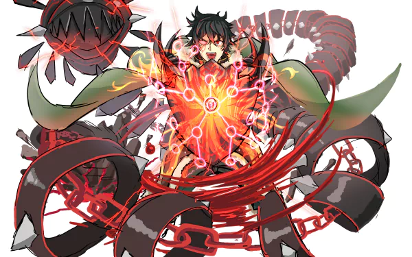 2K Quad HD PC wallpaper of Naofumi Iwatani (The Rising of the Shield Hero) unleashing crimson shield magic amid swirling chains and dark tentacles.