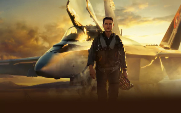 Tom Cruise stands in front of a fighter jet at sunset in this 4K Ultra HD PC desktop wallpaper from the movie Top Gun: Maverick.