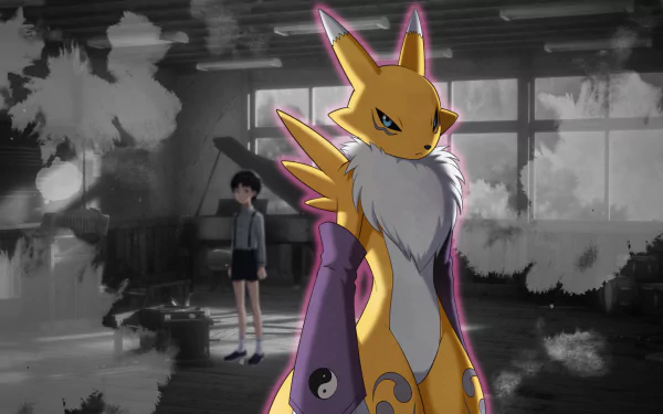 HD PC desktop wallpaper of Renamon from the video game Digimon Survive, lit by a purple outline in the foreground with a blurred classroom and a lone boy in the background.
