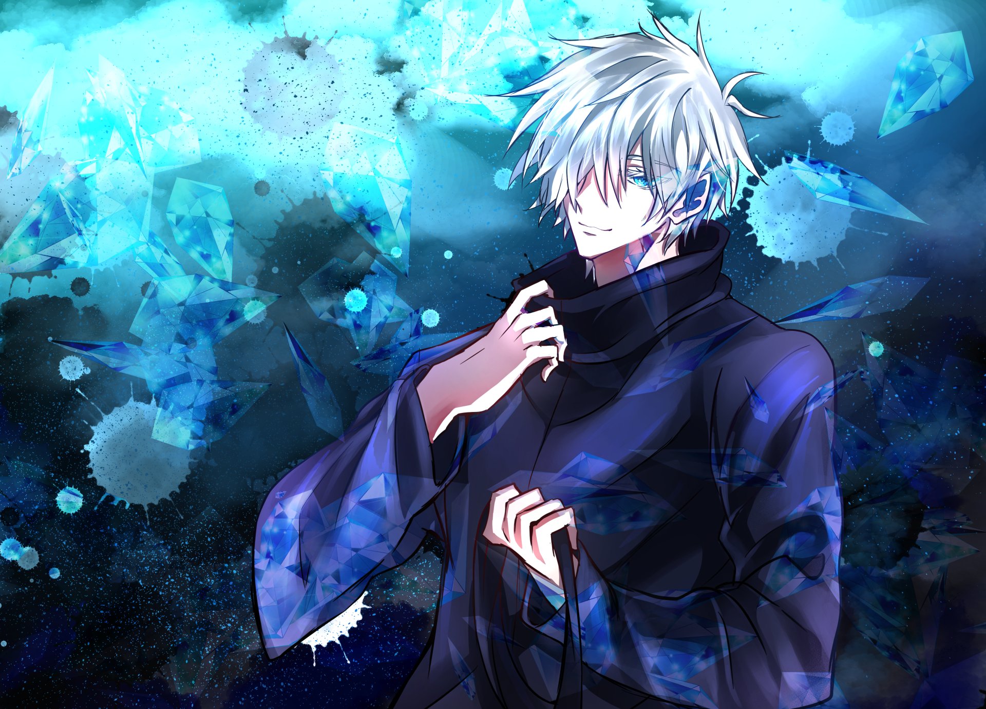 Satoru Gojo from Jujutsu Kaisen depicted in vibrant blue tones with glowing eyes, designed as a 4K Ultra HD anime PC desktop wallpaper and background.