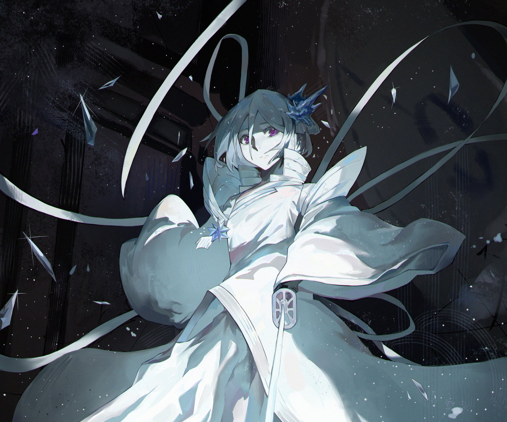 HD PC wallpaper featuring Rukia Kuchiki from the anime Bleach, depicted in a dynamic pose with flowing white and blue garments against a dark, abstract background.
