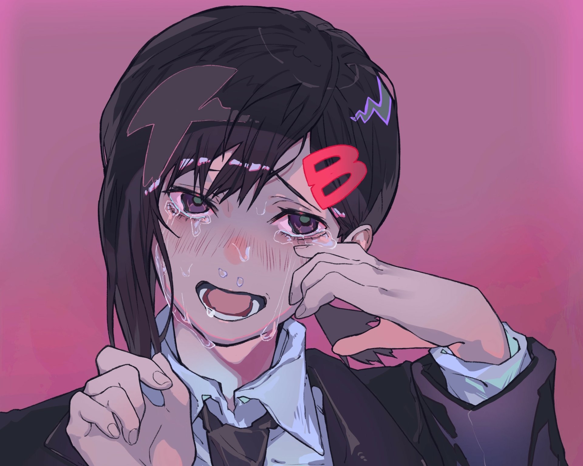 Kobeni Higashiyama (Chainsaw Man) with tearful expression, dark hair and school uniform on a pink-purple gradient background — 2K Quad HD PC desktop wallpaper.