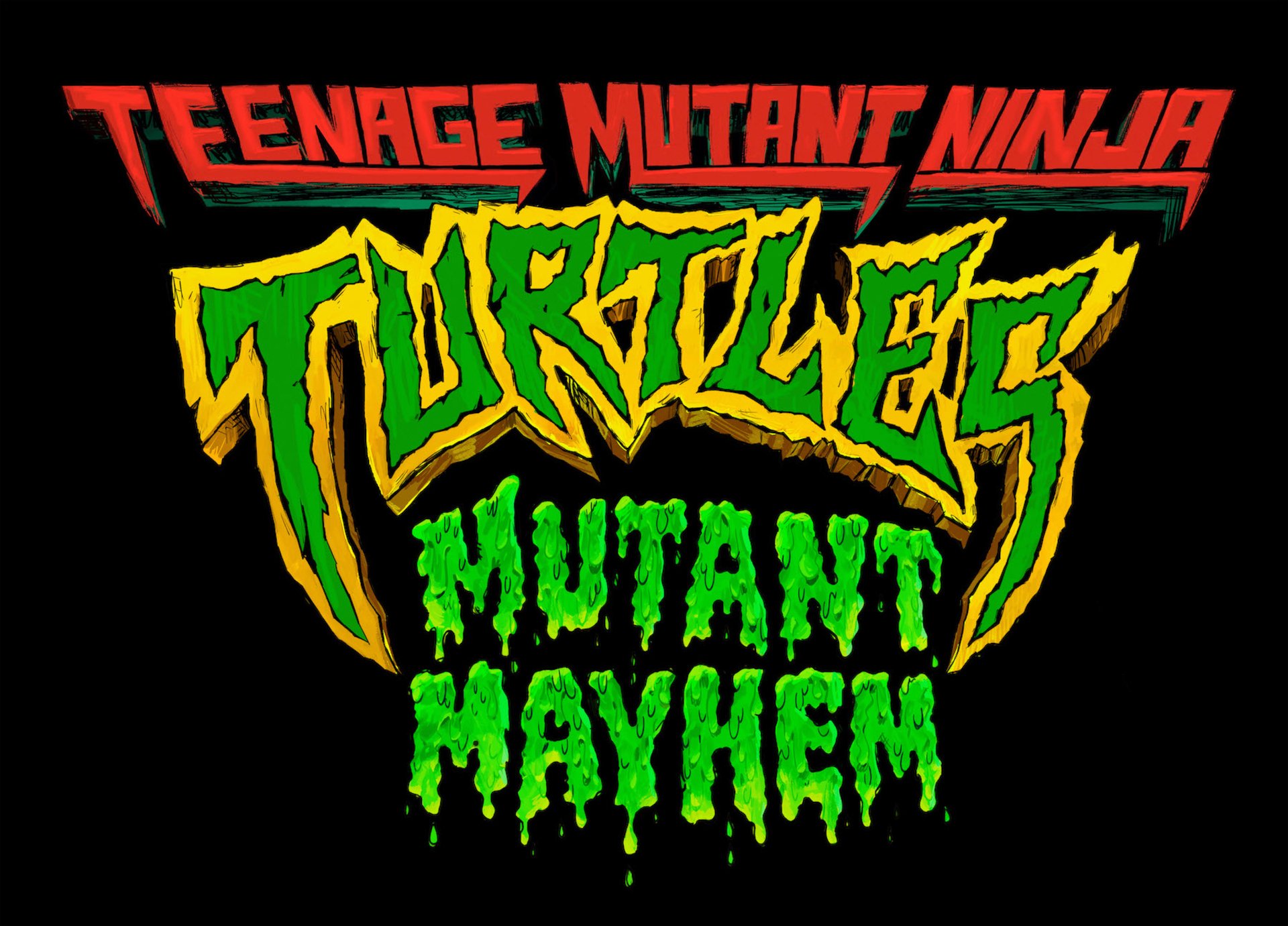 HD PC desktop wallpaper showing the movie Teenage Mutant Ninja Turtles: Mutant Mayhem logo in neon green and yellow text dripping on a black background.