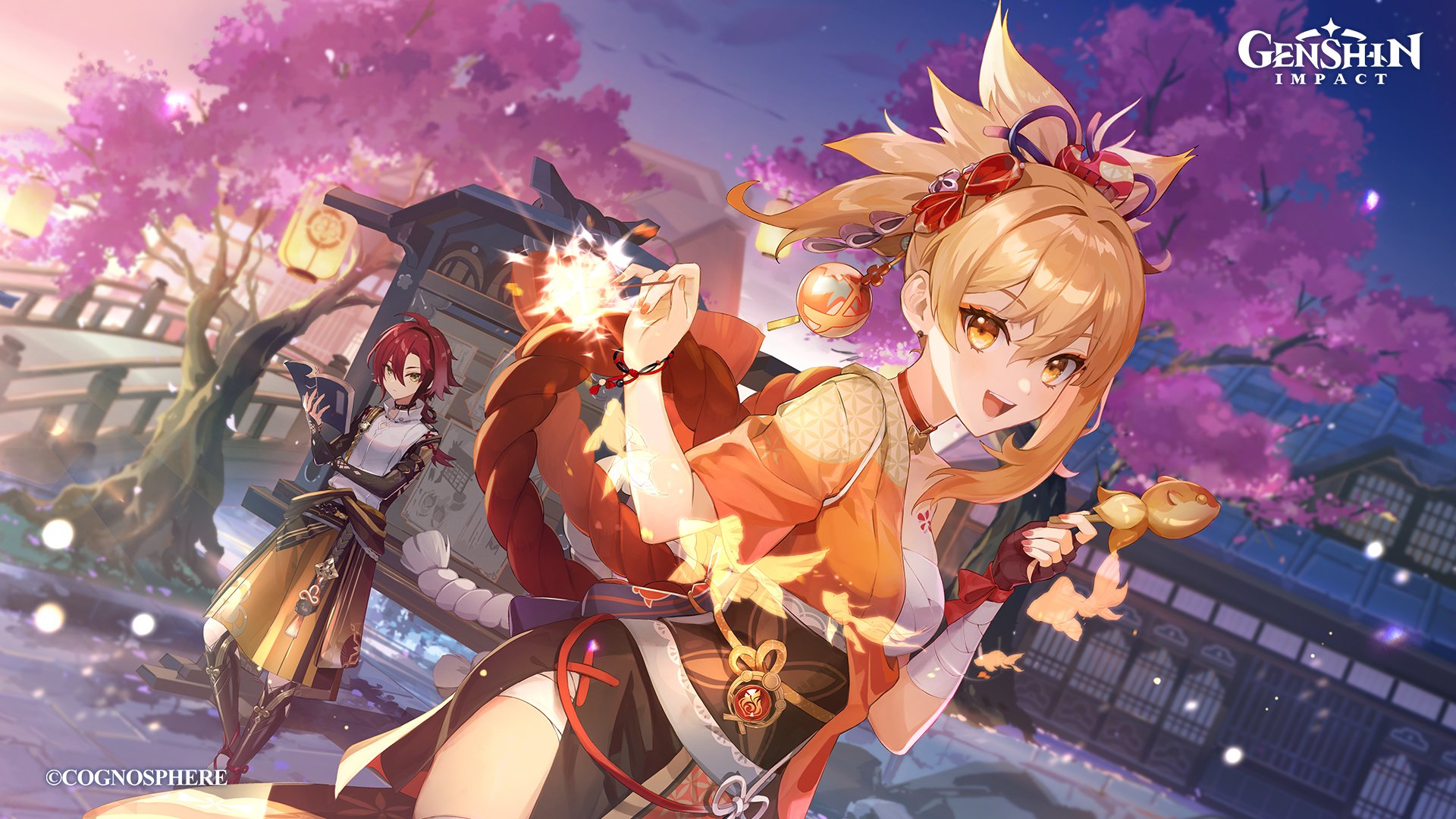 HD PC wallpaper featuring Yoimiya and Shikanoin Heizou from the video game Genshin Impact, set against a vibrant cherry blossom background.