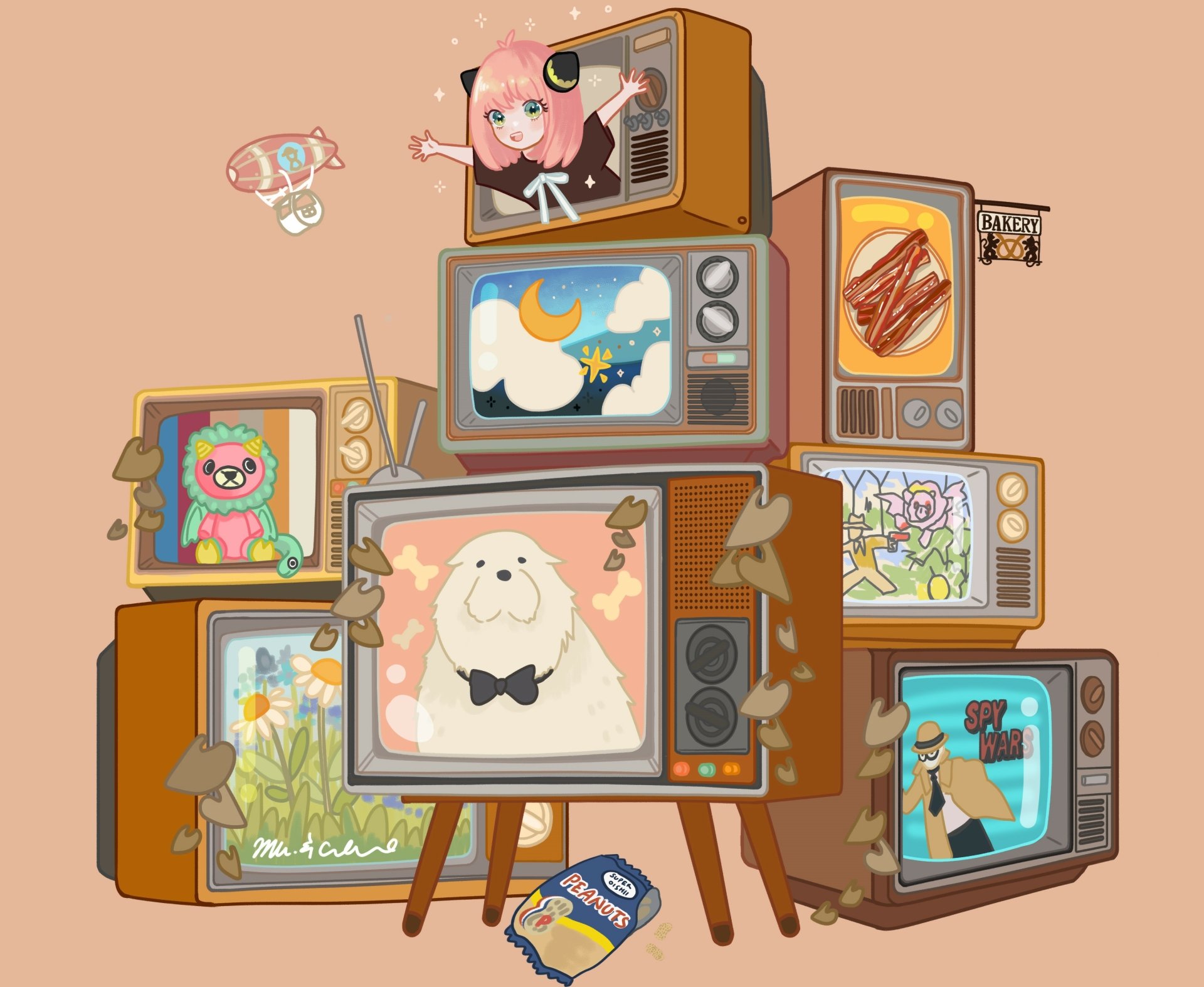 HD PC desktop wallpaper featuring a nostalgic stack of vintage TVs displaying colorful Anime scenes from Spy x Family.