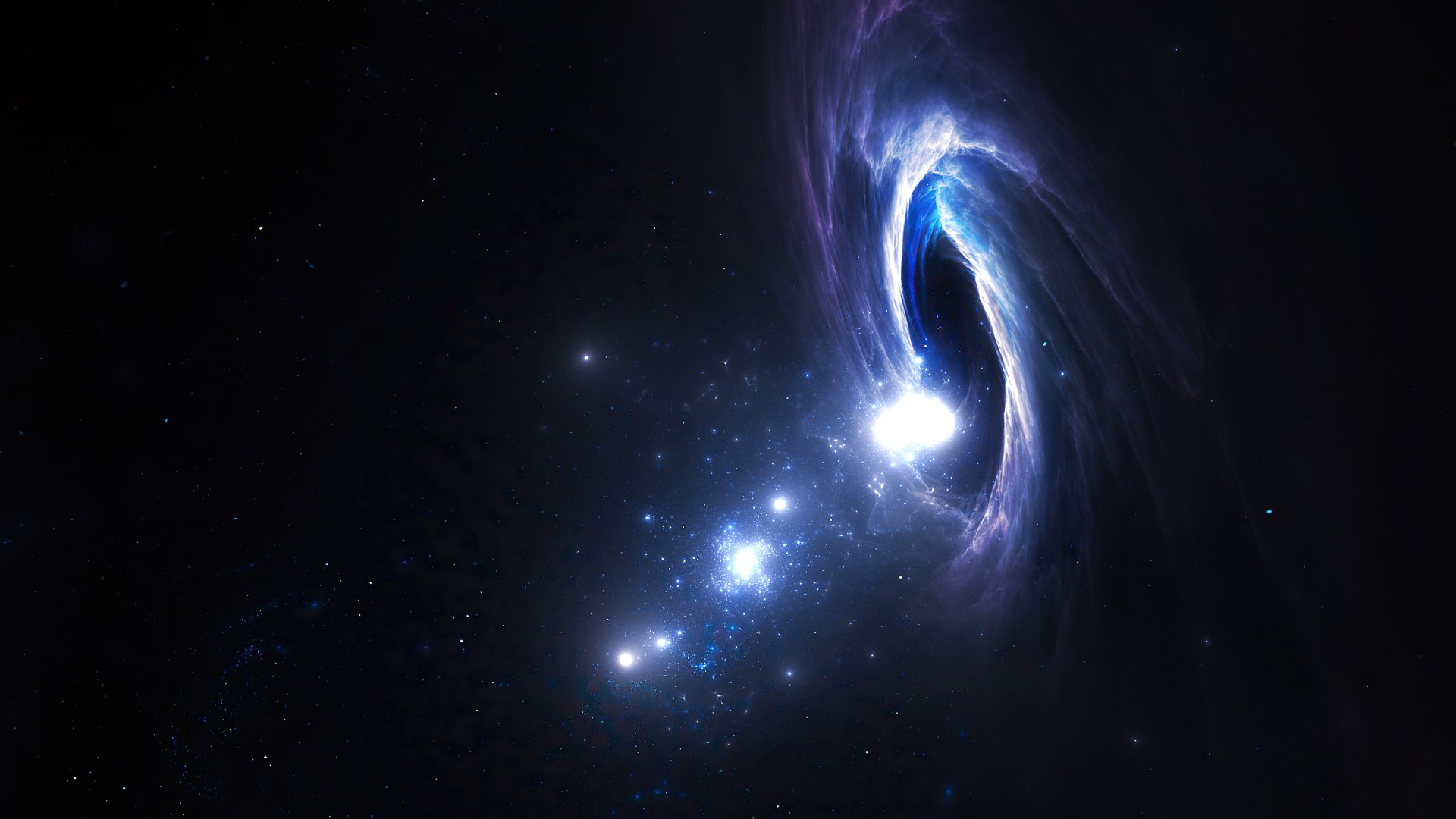 HD sci-fi desktop wallpaper depicting a mysterious black hole emitting bright cosmic light and swirling energy in deep space.
