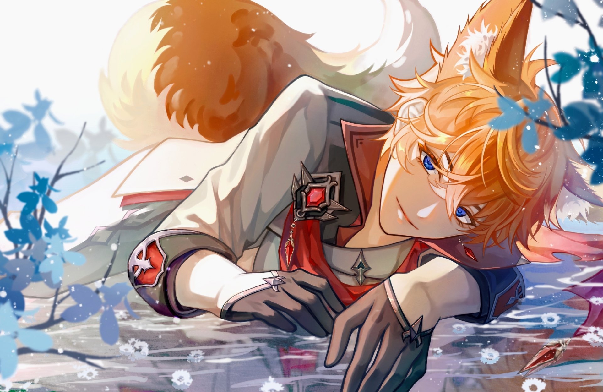 Tartaglia (Childe) from Genshin Impact lounges on reflective water with fox ears and tail, blue flowers scattered — 2K Quad HD PC desktop wallpaper.
