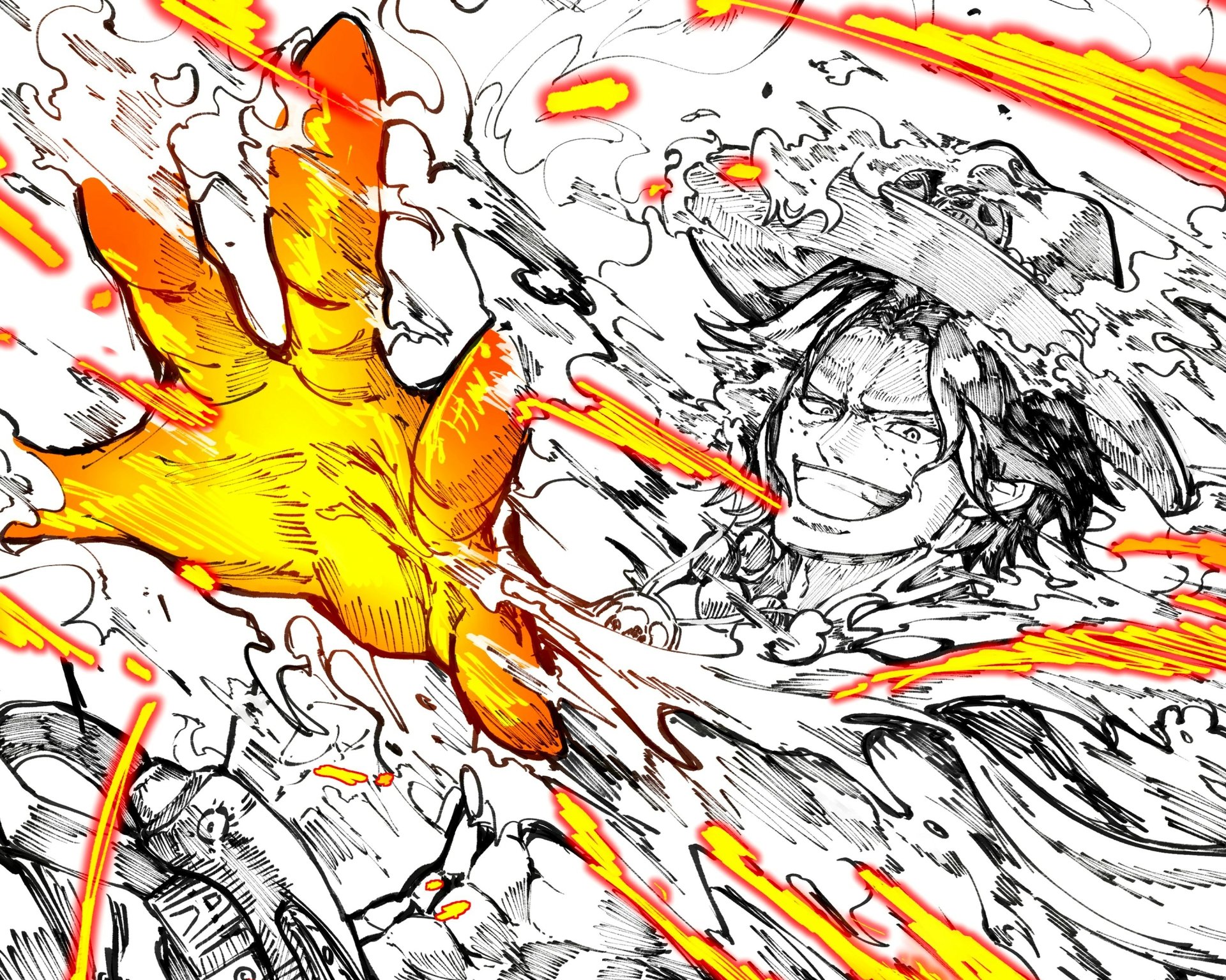 HD PC desktop wallpaper featuring Portgas D. Ace from the anime One Piece, depicted using fiery powers in a dynamic, high-energy black-and-white illustration with vibrant orange flames.