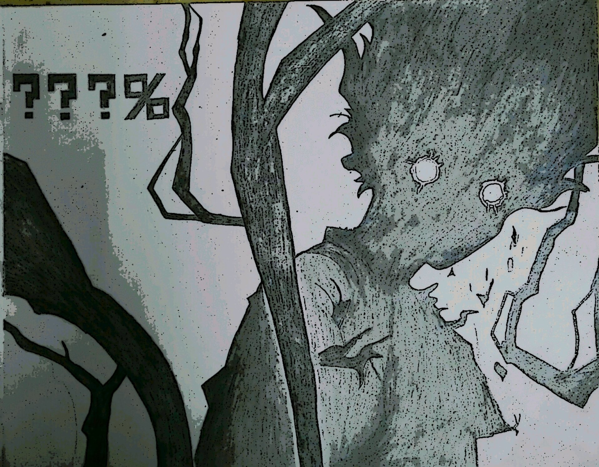 HD PC desktop wallpaper featuring a dark, eerie figure from the anime Mob Psycho 100 with glitchy text and shadowy branches in a monochrome style.