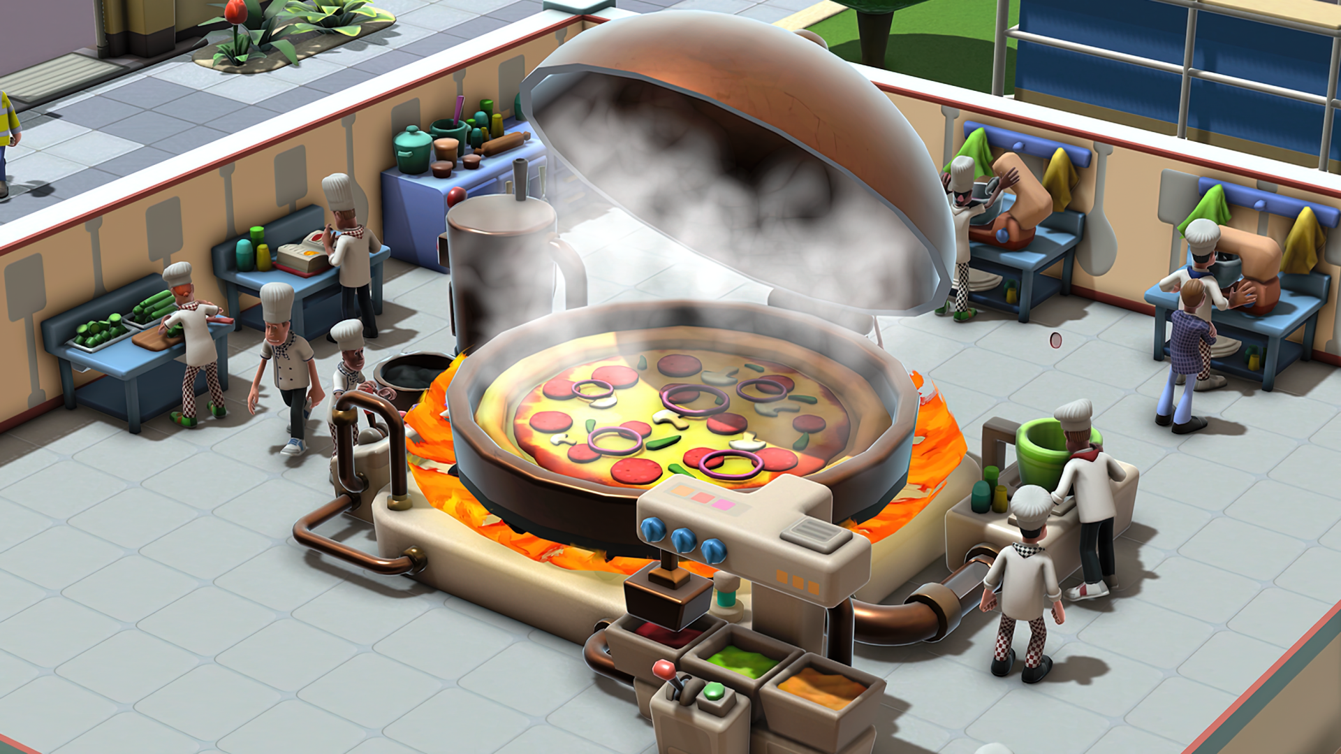 HD desktop wallpaper featuring a Two Point Campus game screenshot with animated characters around a large, steaming machine cooking colorful dishes.