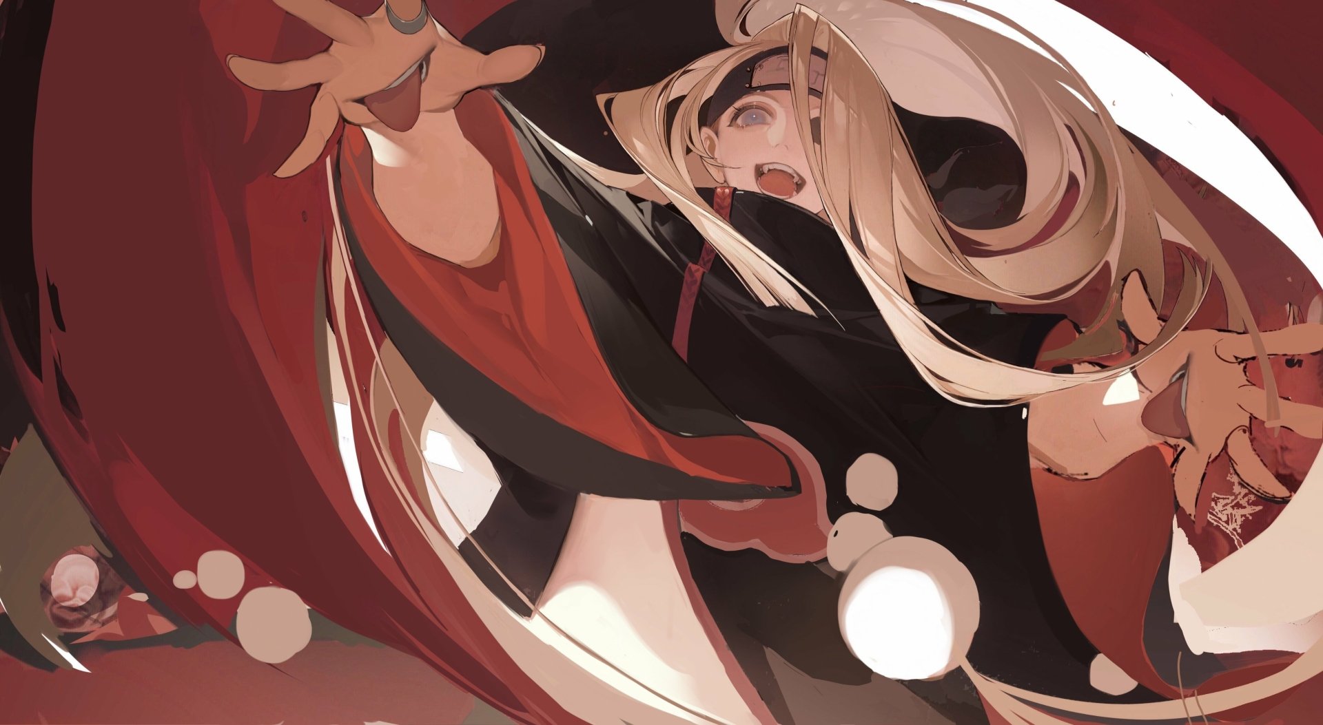 Deidara (Naruto) anime 4K Ultra HD PC wallpaper: dynamic pose in Akatsuki cloak, flowing blond hair, outstretched hands with explosive-mouth motifs amid red-black swirls.