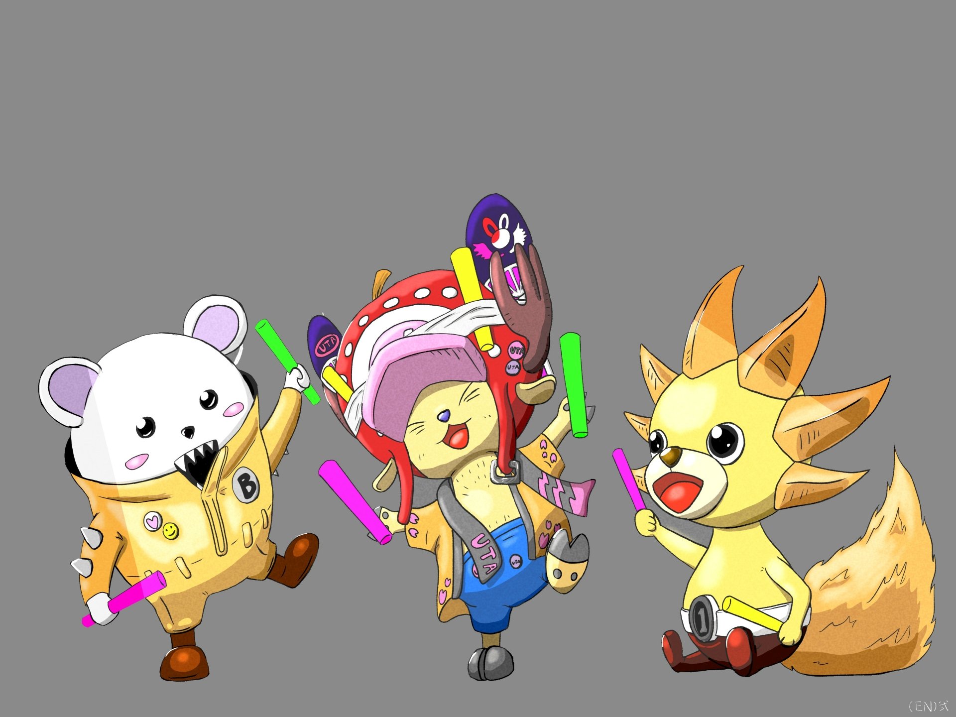 Chibi One Piece trio — Bepo, Tony Tony Chopper, and the Thousand Sunny lion mascot — bright 4K Ultra HD anime desktop wallpaper with colorful glow sticks.