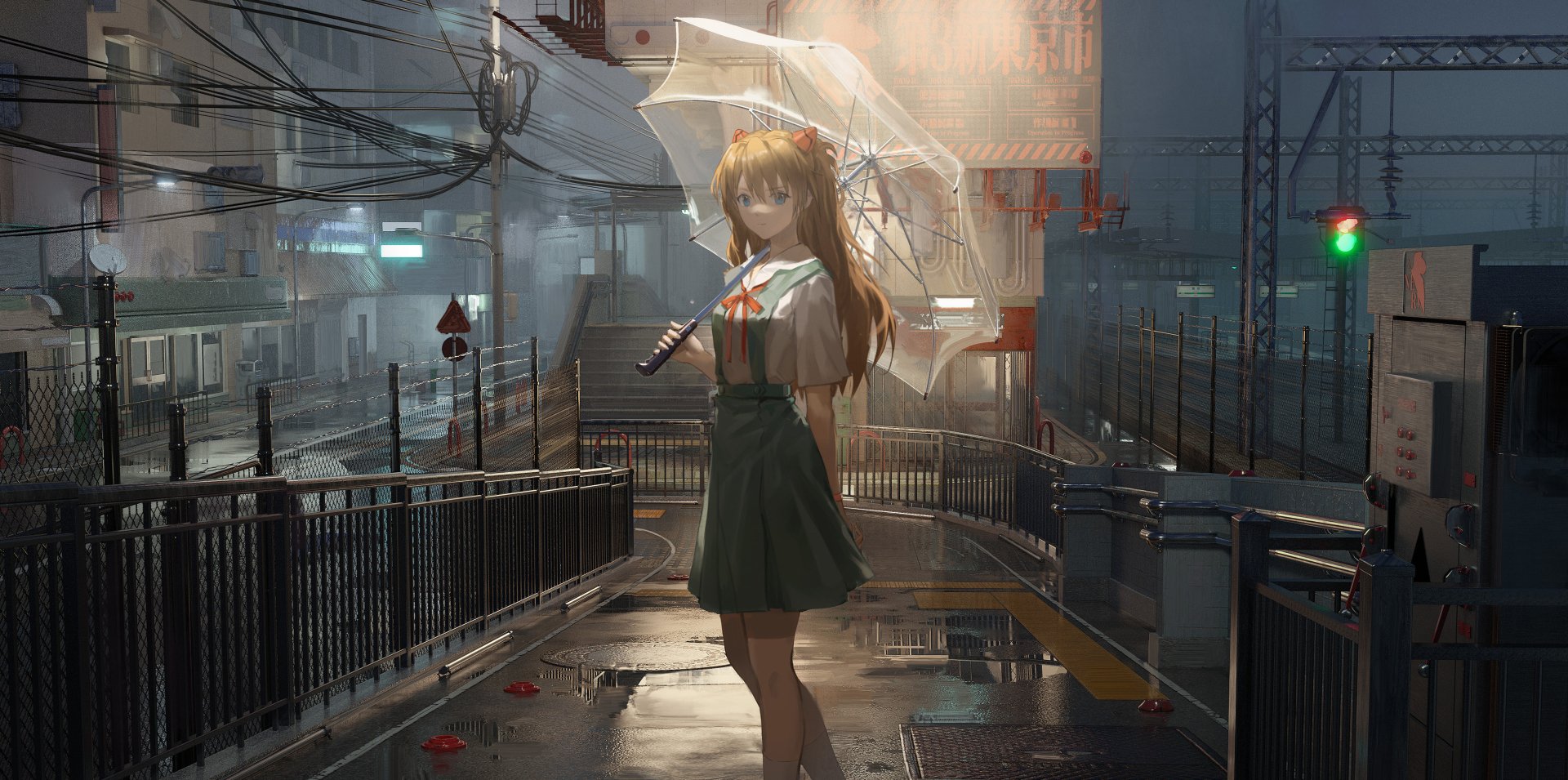 HD PC desktop wallpaper featuring Asuka Langley Sohryu from Neon Genesis Evangelion standing with an umbrella on a rainy urban street at dusk.